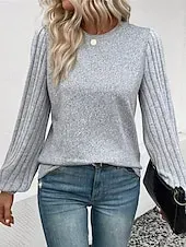 Women's Texture Blouse T Shirt Tee Top Plain Fashion Modern Long Sleeve Crew Neck Regular Tops Daily Going out Patchwork Gray Spring Fall
