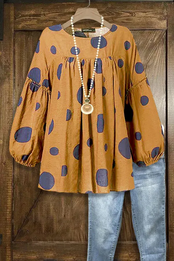 Polka Dot Print Lantern Sleeve Babydoll Top