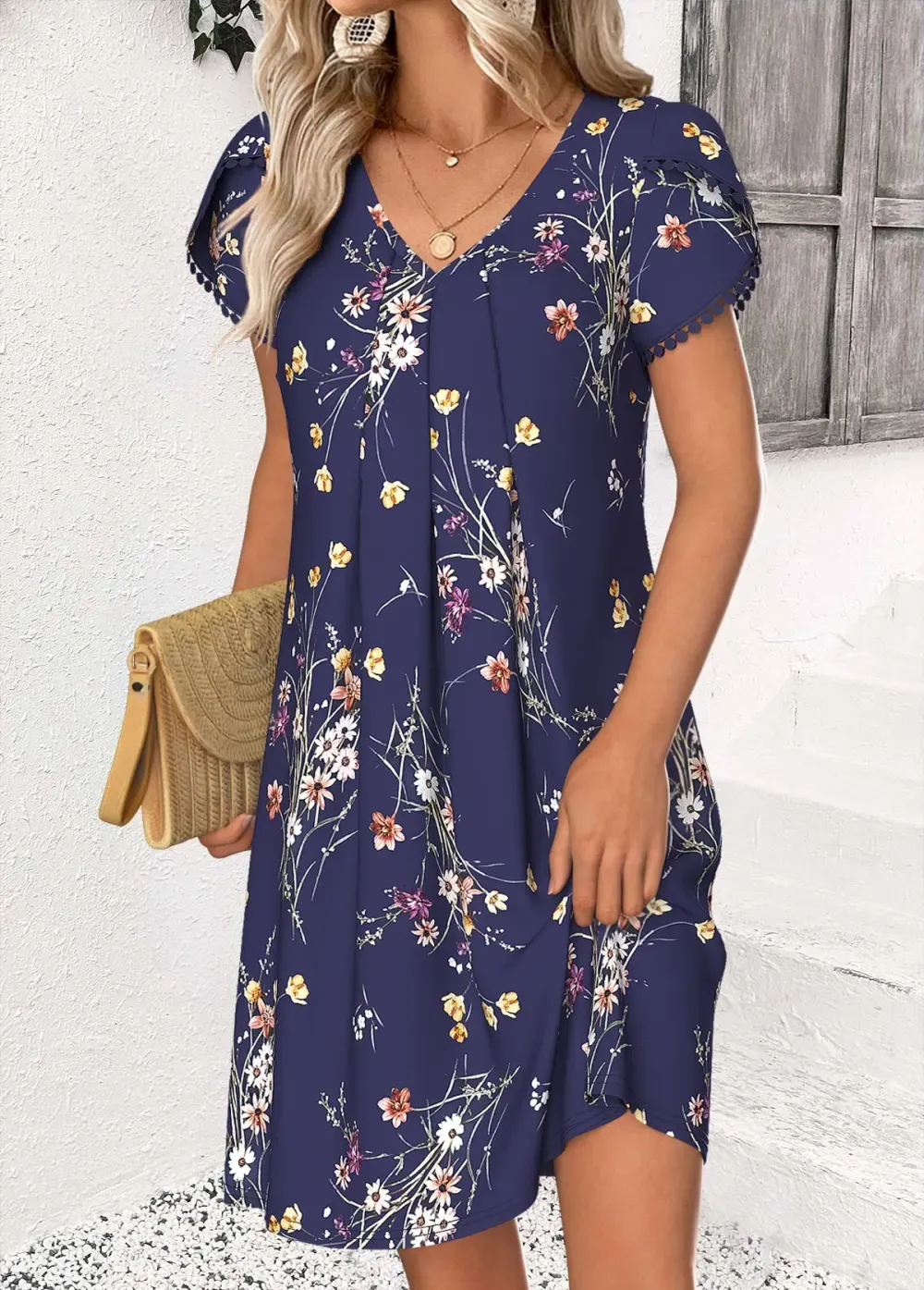 Navy Floral Print Short V Neck Dress