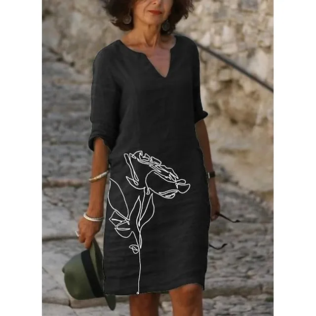 Women‘s Casual Dress Midi Dress Leopard Black White Half Sleeve Floral Print