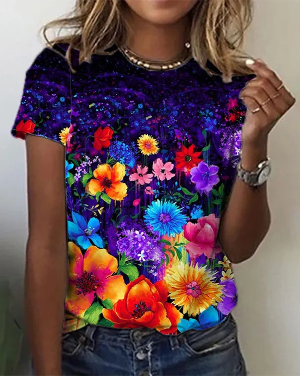 Vibrant Flower Garden Purple Sky Short Sleeve Top