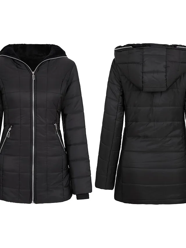 Women's Puffer Jacket Long Full Zip Pocket Button Coat Black Yellow Silver Red Casual Street Fall Zipper Hoodie Loose S M L XL XXL / Daily / Warm / Breathable / Solid Color / Lined