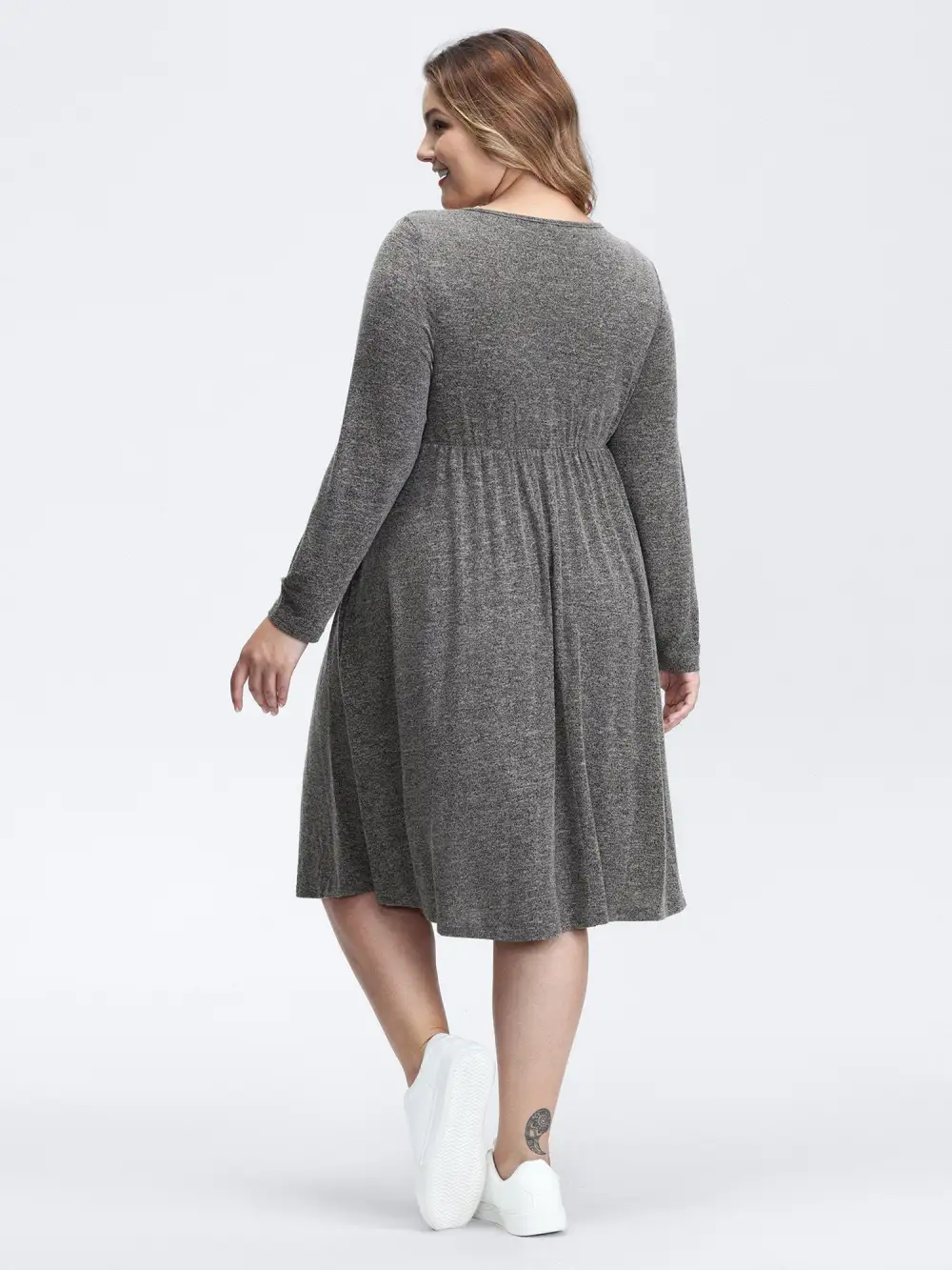 Crossover Waist-Defining Round Neck Midi Dress