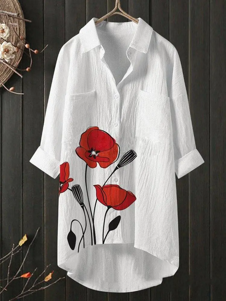 Cotton&Linen Floral Printed Lapel Button-End Long Blouse