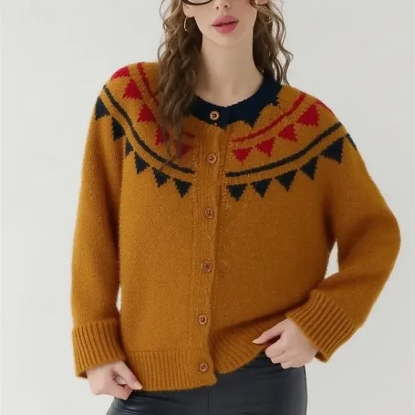 Women's Sweater Cardigan Fair Isle Sweater Vintage Fashion Streetwear Geometric Crew Neck Buttons Knitted Long Sleeve Regular Tops Knit Outdoor Daily Weekend Yellow Apricot Fall Winter
