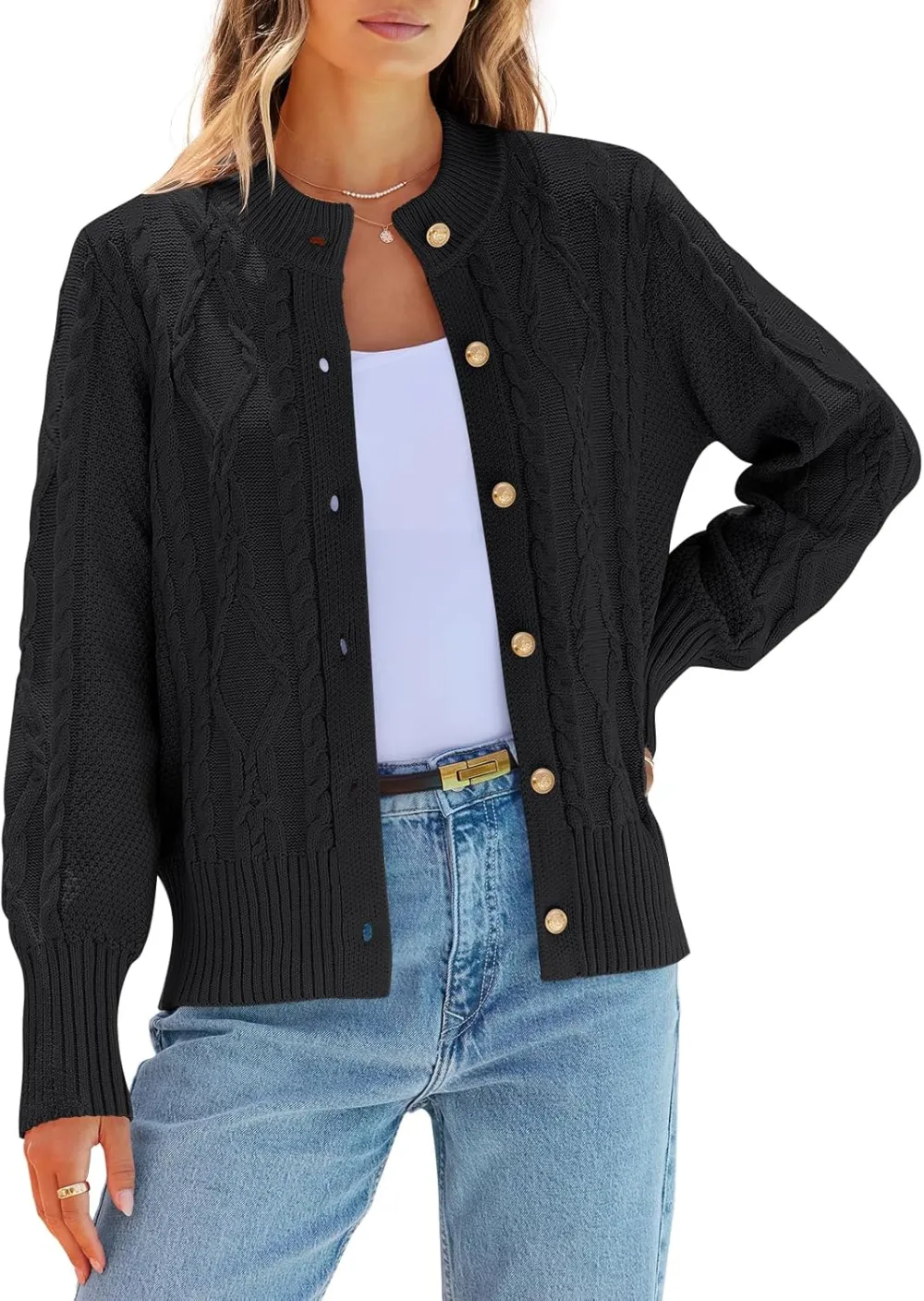 Women's 2024 Fall Long Sleeve Sweater Cardigan Cable Knit Open Front Button Outwear Coats