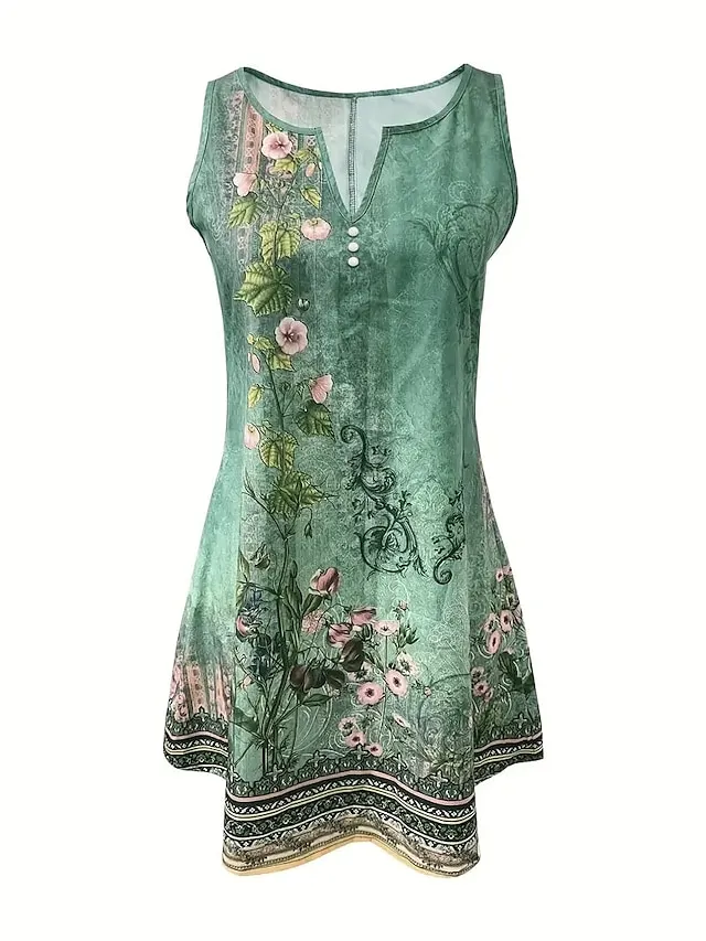 Women's Casual Dress Shift Dress Tank Dress Floral Button Print V Neck Mini Dress