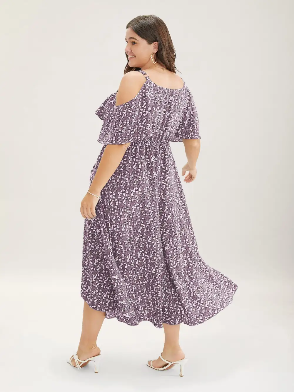 Ditsy Floral Pocket Wrap Cold Shoulder Ruffle Dress