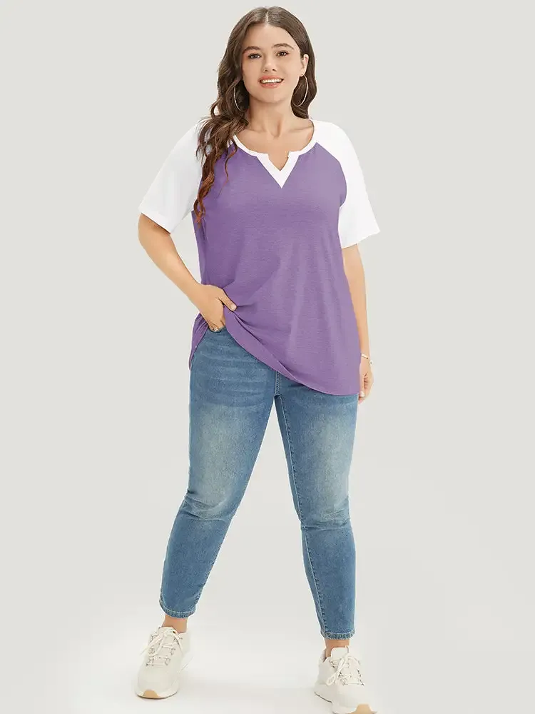 Colorblock Contrast Notched Raglan Sleeve T-shirt