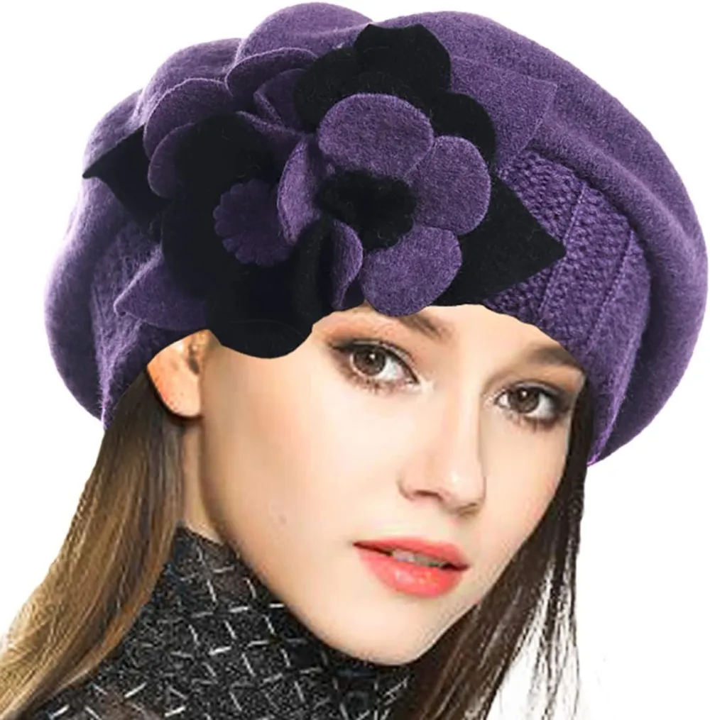 Lady French Beret 100% Wool Beret Floral Dress Beanie Winter Hat