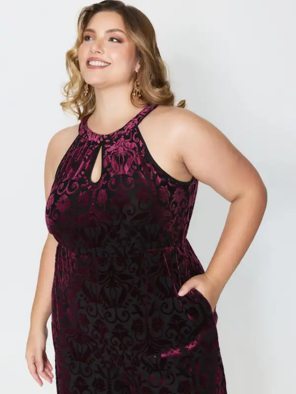 Velvet Laser Cut Lined Wide-Leg Jumpsuit