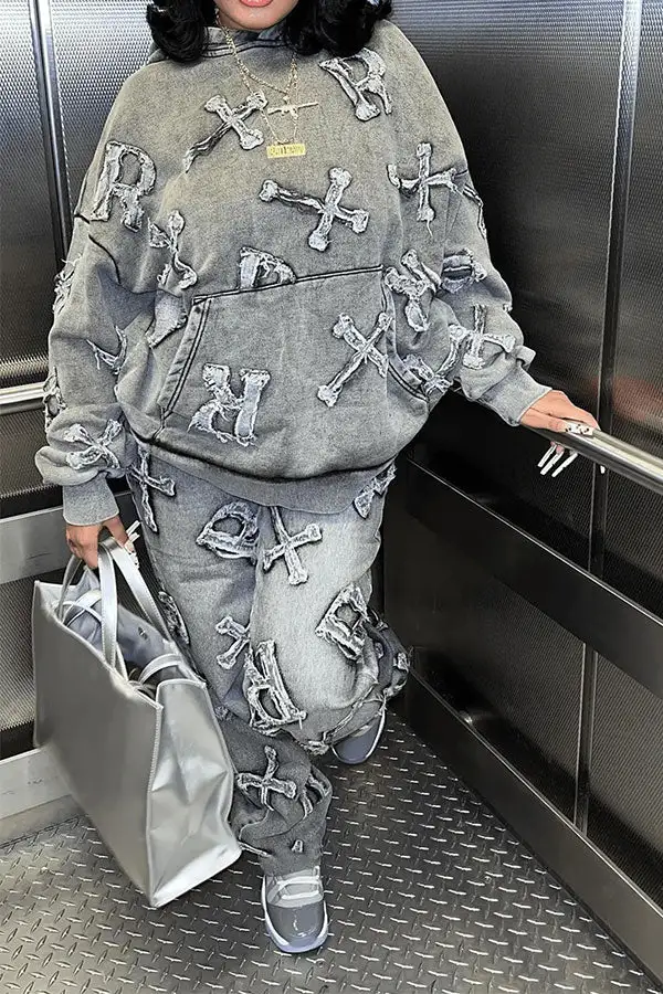 Imitation Denim Print Casual Pocket Hooded Pant Set