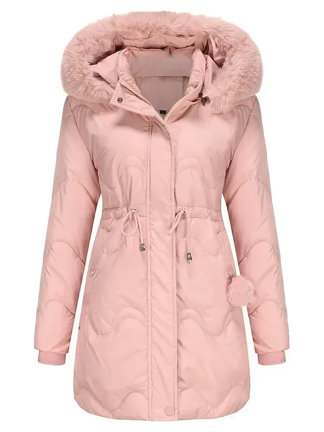 Women's Parka Puffer Jacket Winter Coat Thermal Warm Heated Coat with Removable Fur Collar Drawstring Zip up Hooded Coat Fall Outerwear with Pockets Classic Long Sleeve Light Blue Pink Black
