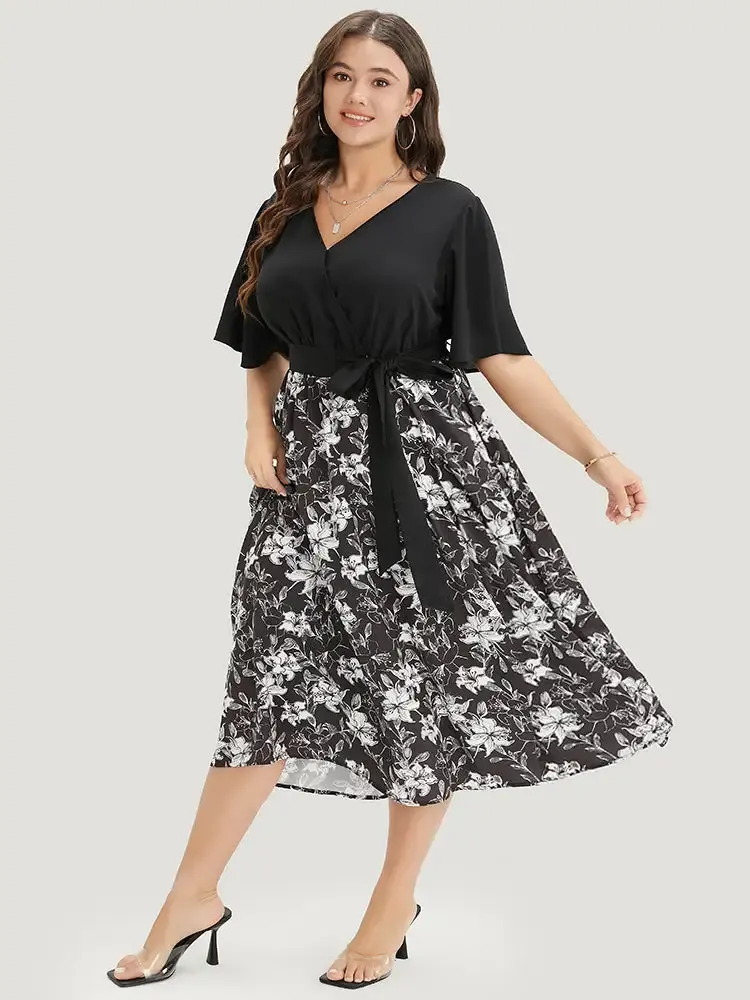 Floral Patchwork Pocket Belt Surplice Neck Ruffle Hem Dress