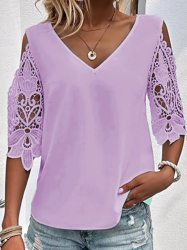 Women's Lace Shirt Blouse Plain Daily Weekend Lace Cut Out White Half Sleeve Elegant Fashion Basic V Neck