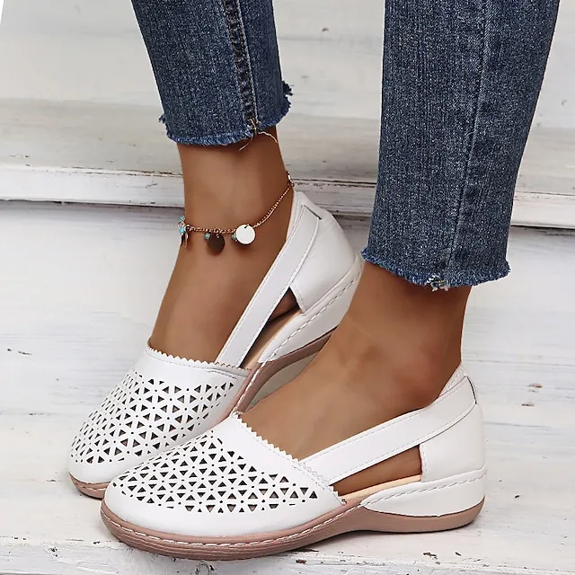 Women's Sandals Wedge Sandals Comfort Shoes Plus Size Outdoor Work Daily Summer Hollow Out Flat Heel Round Toe Classic Casual Minimalism Walking Shoes Faux Leather Loafer Solid Color Solid Colored