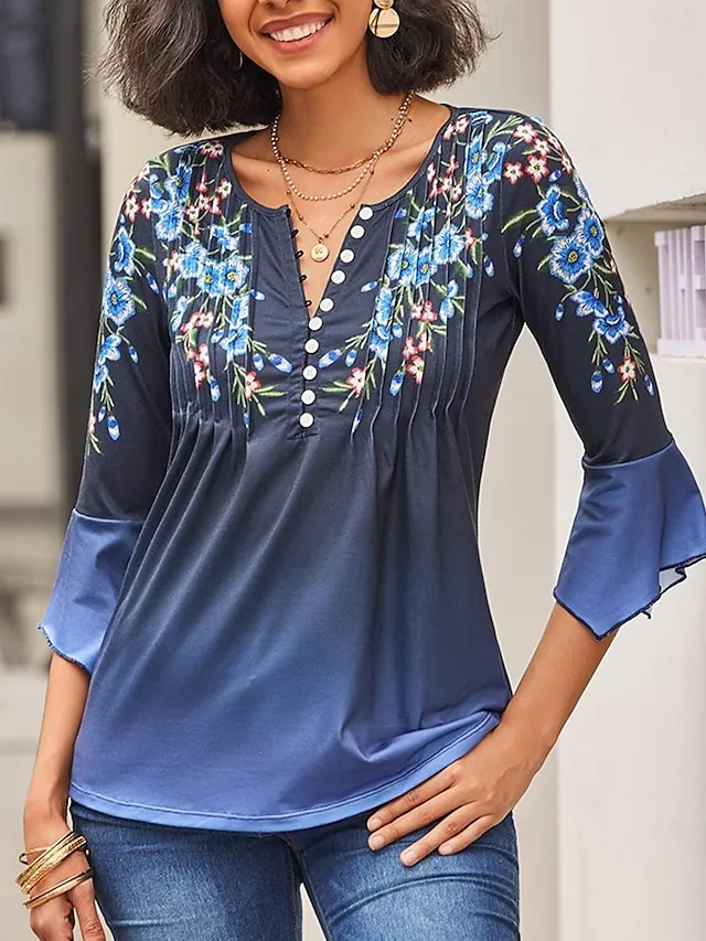 Women's Shirt Blouse Floral Holiday Button Print Yellow 3/4 Length Sleeve Basic Round Neck