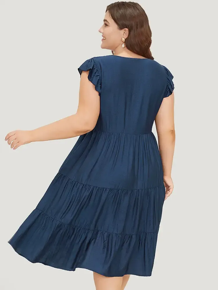 Plain Pocket Button Detail Ruffle Layered Hem Dress