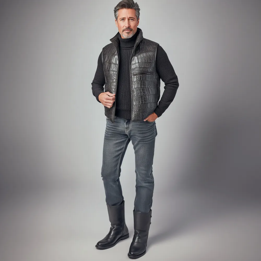 Men's Vintage Alligator Pattern Stand Collar Sleeveless PU Leather Vest