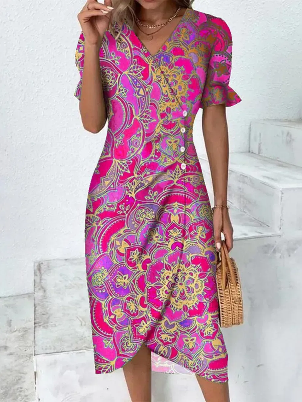 Ethnic V Neck Elegant Dress
