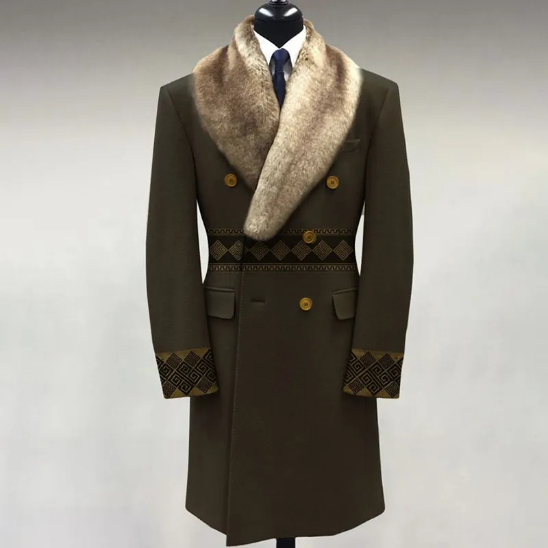 Men’'s Casual Fur Lapel Collar Graphic Pattern Long Sleeve Coat