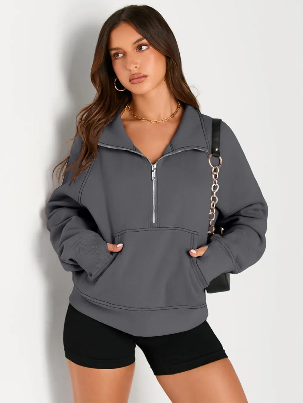 Womens Sweatshirts Half Zip Cropped Pullover Fleece Quarter Zipper Hoodies Fall outfits Clothes Thumb Hole