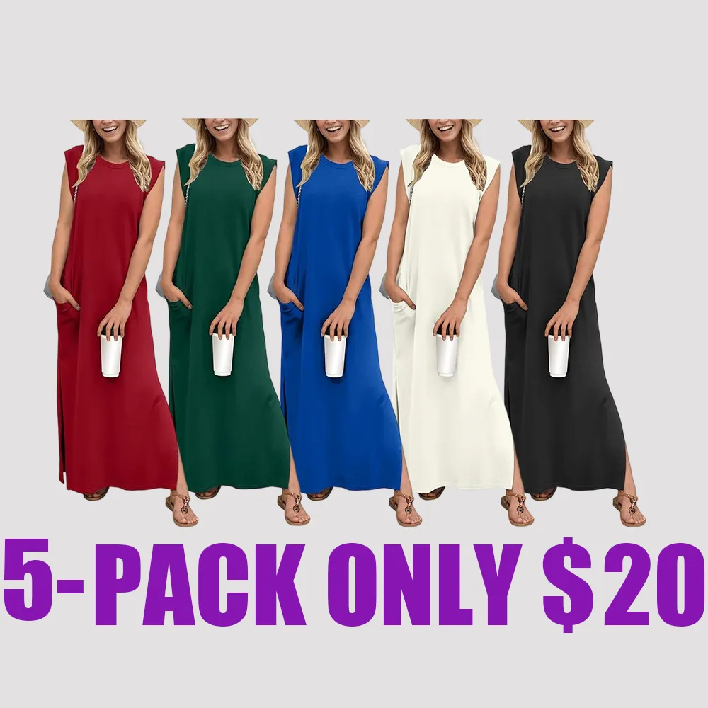 Women's Wrinkle-Free Maxi Vacation Dress – Loose Fit, Split Hem, with Pockets, XS-5XL (Black, Summer Ready)