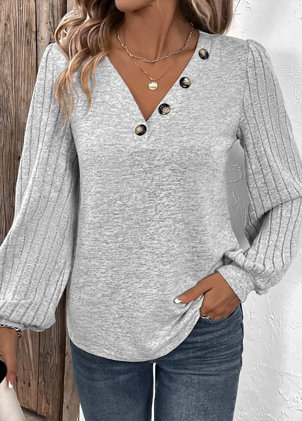 Light Grey Button Long Sleeve V Neck T Shirt
