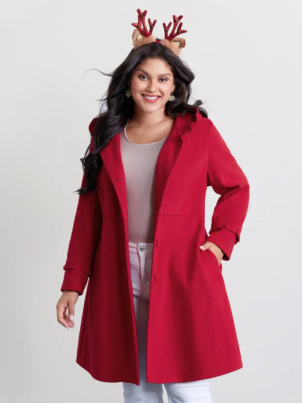 Ruffle Trim Waist-Defining Pockets Coat