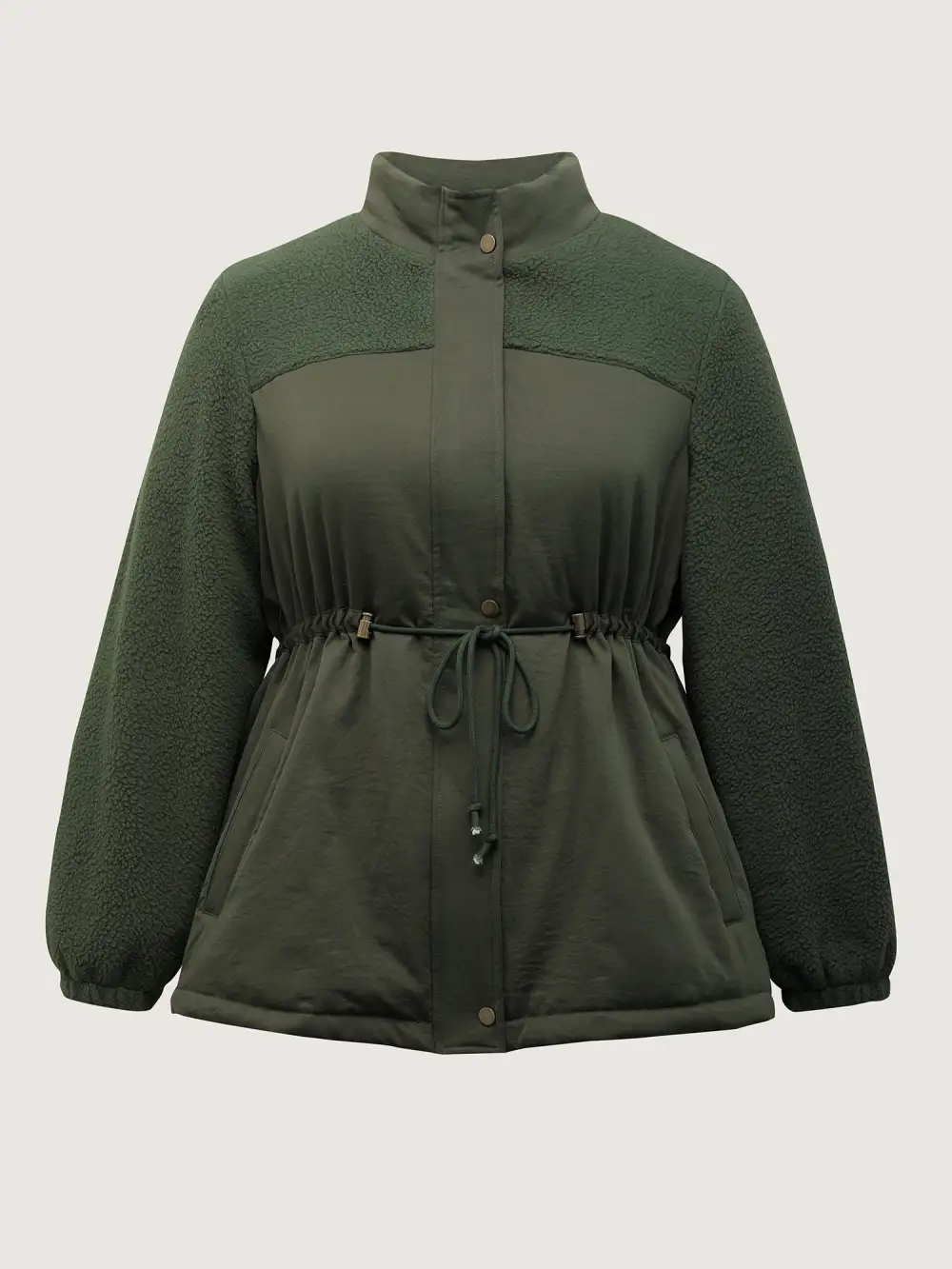 Mixed Fabric Waist Drawstring Quilted Jacket