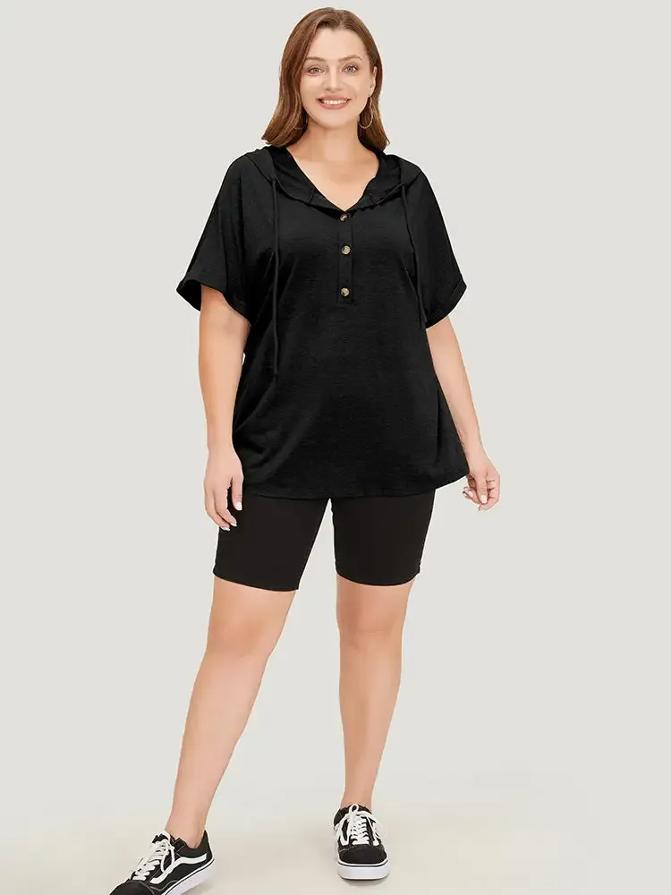 Plain Drawstring Roll Sleeve Button Up Hooded T-shirt