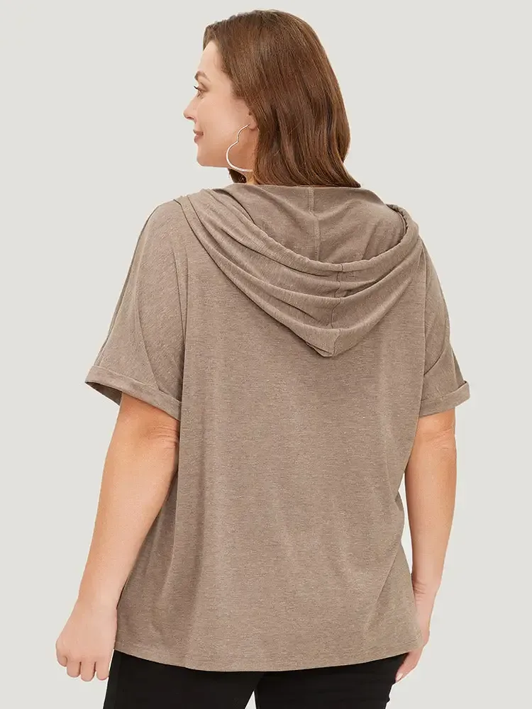 Plain Drawstring Roll Sleeve Button Up Hooded T-shirt