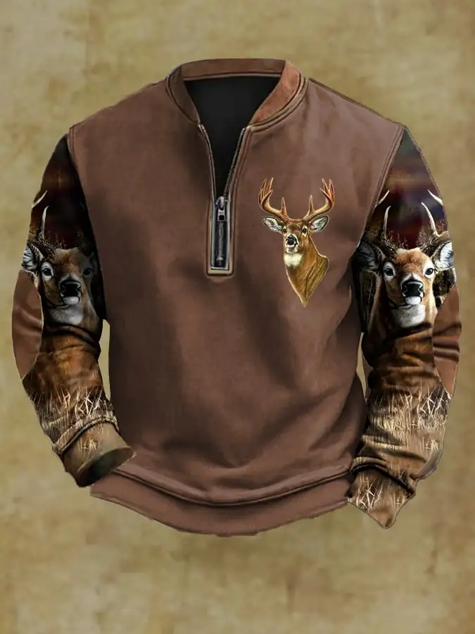 Men's Casual Vintage Camouflage Elk Zip-Up Sweatshirt