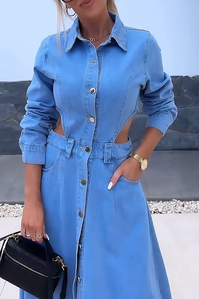 V-neck denim hollow waist design dress
