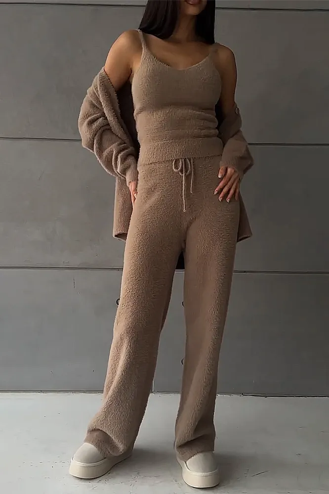 Women's Solid Color Warm Tank Top Pants 3-Piece Set Pants