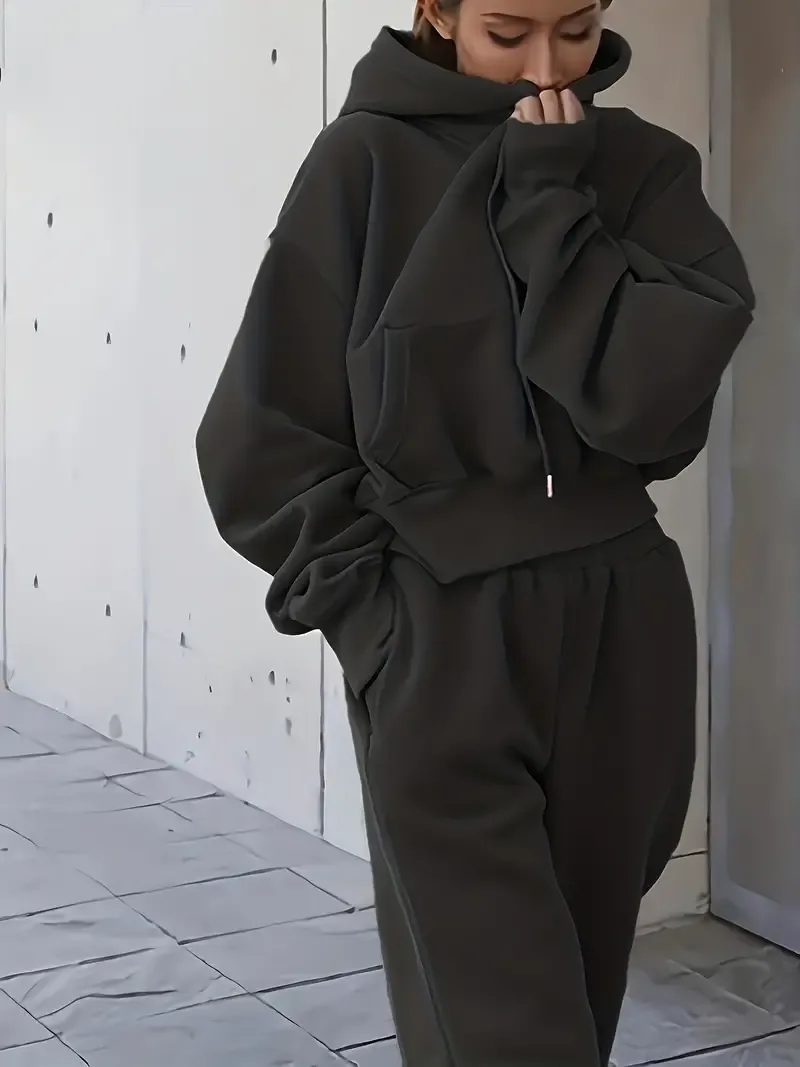2PCS Oversized Athleisure Set: Solid Hooded Pocket Drawstring Sweatshirts & Sweatpants Sets for Women, Plus Size Comfortable Clothing