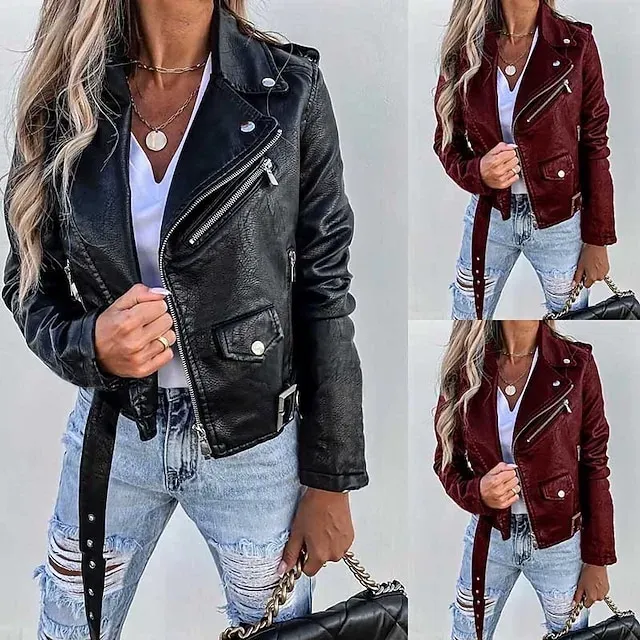 Women's Casual Jacket Warm Comfortable Zipper Pocket Fashion Outdoor Plain Going out Weekend Zipper Regular Lapel Regular Fit Long Sleeve Outerwear Black Wine Fall Winter