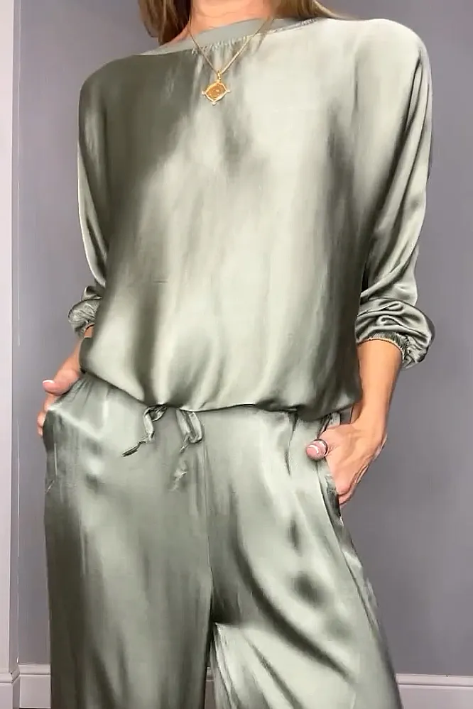 Women's Solid Color satin loose long sleeved top&Pants Two Piece Set