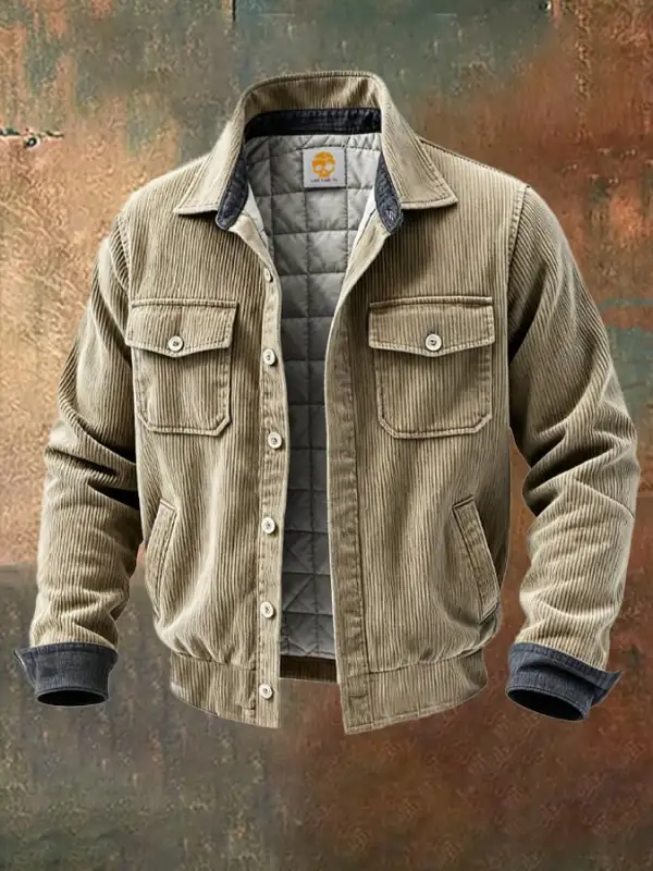 Men's Vintage Corduroy Splicing Denim Multi-Pocket Outdoor Jacket