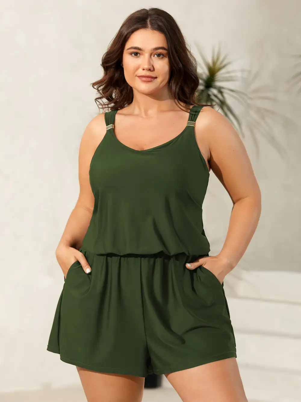 Plain Pockets Adjustable One-Piece Swimsuit