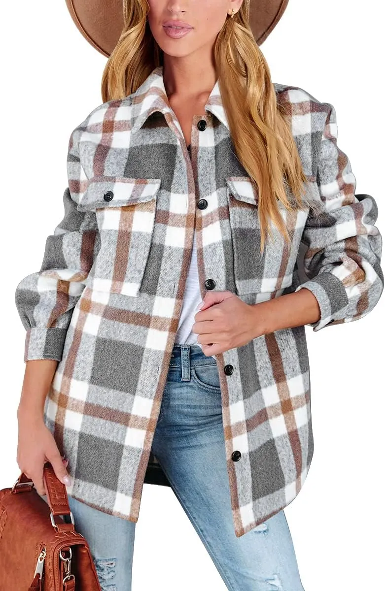 Womens Fall Outfits Fashion Clothes Shackets Flannel Plaid Button Down Long Sleeve Shirts Jackets 2024