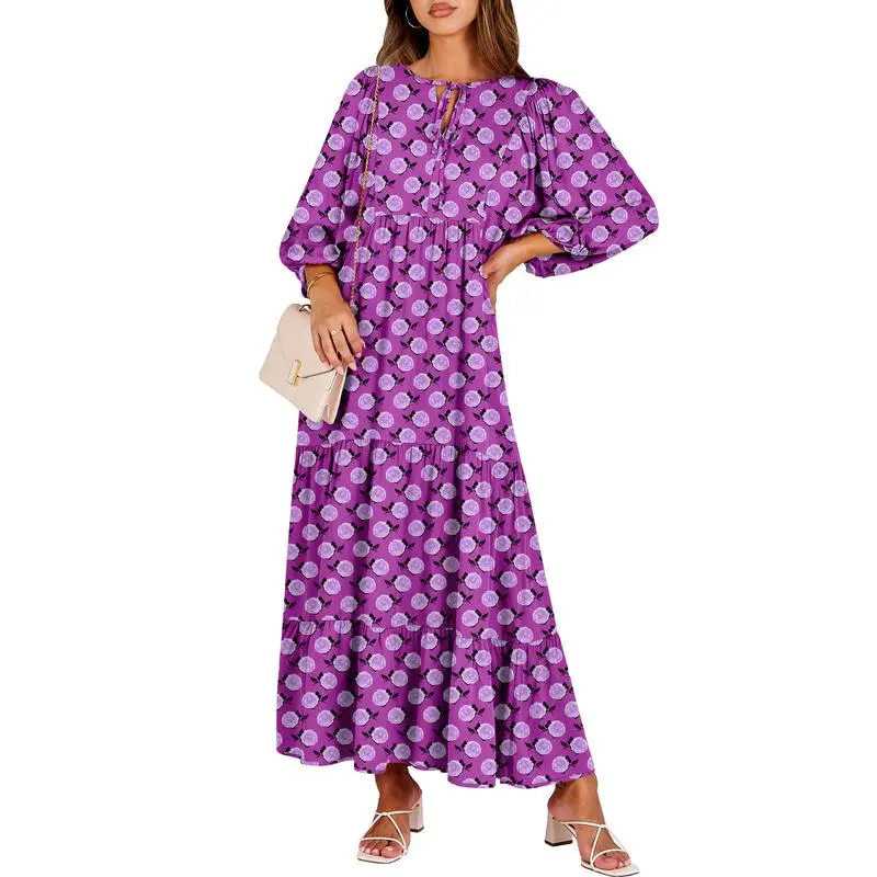 Boho Summer Maxi Dress for Women – Floral Puff Sleeve Vacation Sundress