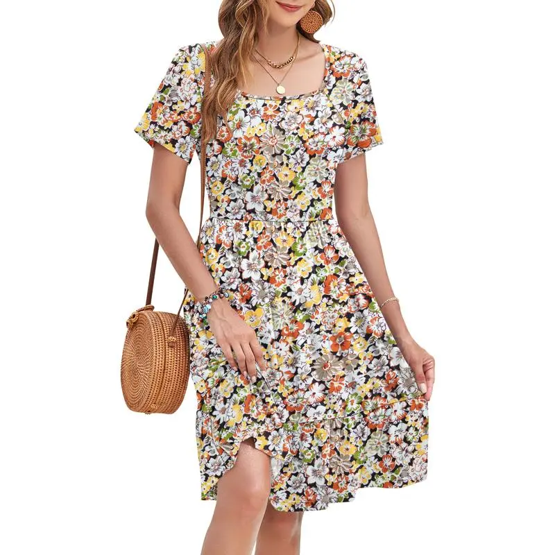 Women’s Ditsy Floral Square Neck A-Line Sundress with Pockets – Short Sleeve, Ruffle Hem