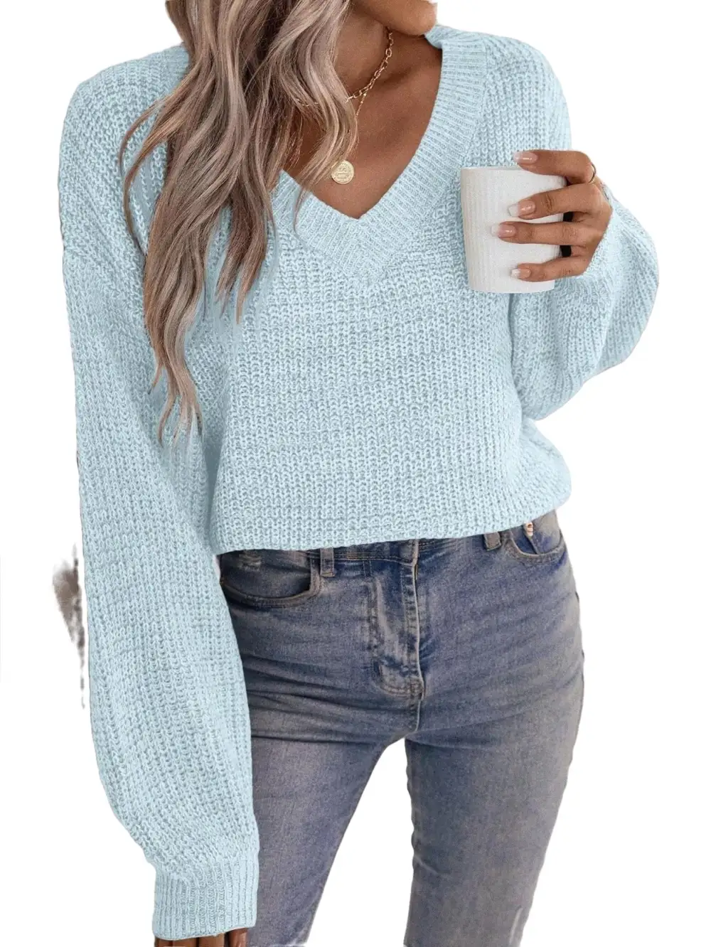 Casual Plain V neck Pullovers Long Sleeve Brown Women Sweaters (Women's)