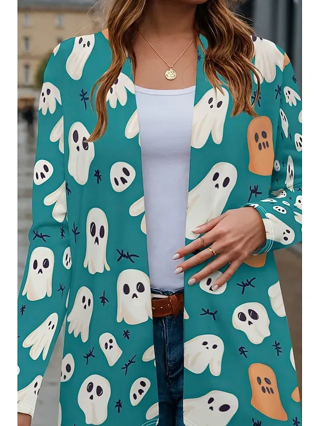 Halloween Women's Coat Lightweight Comfortable Pumpkin Print Vintage Artistic Casual Skull Casual Long Collarless Regular Fit Long Sleeve Outerwear Black White Pink Spring Fall