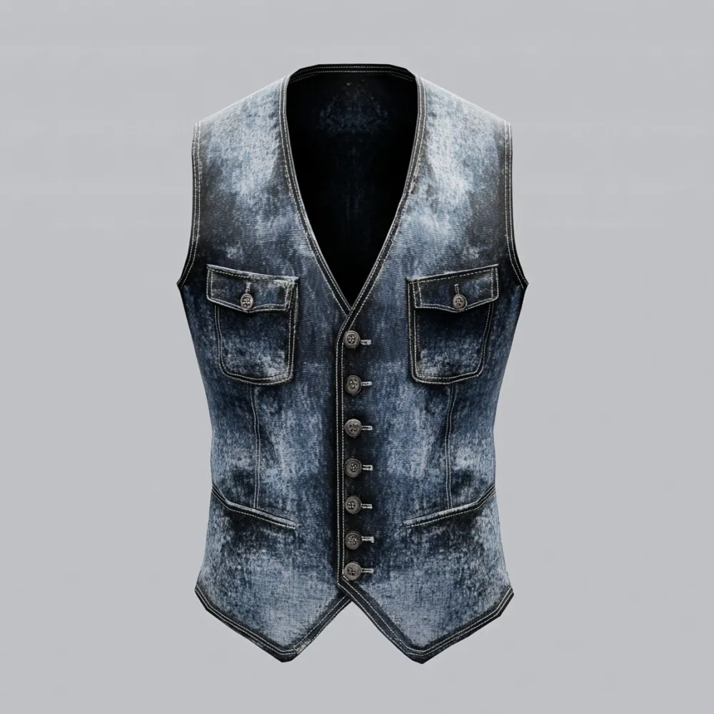 Men's Casual V Neck Single Breasted Distressed Denim Vest