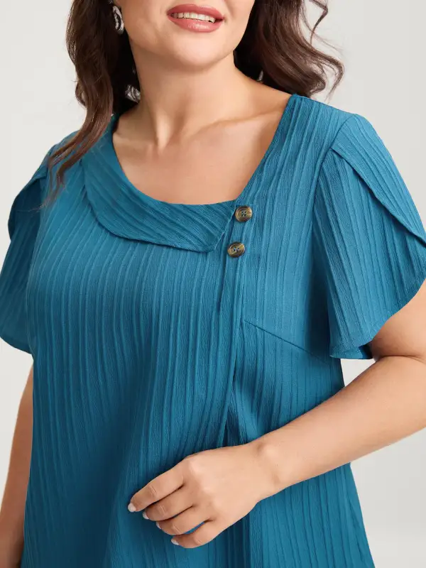 Textured Petal Sleeve Asymmetrical Neck Blouse