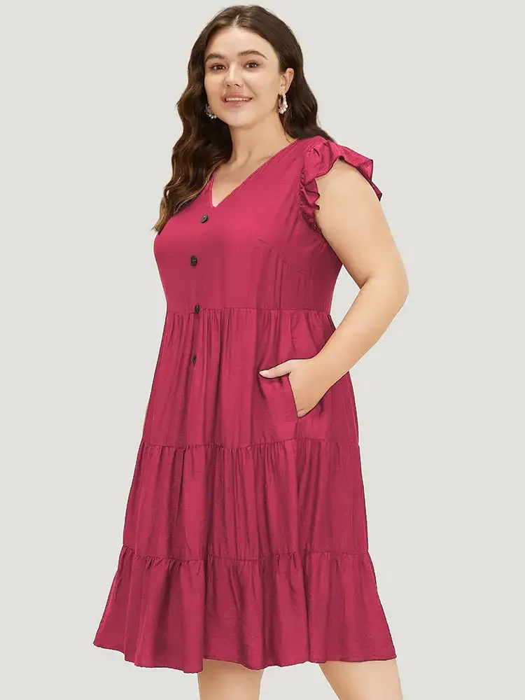 Plain Pocket Button Detail Ruffle Layered Hem Dress