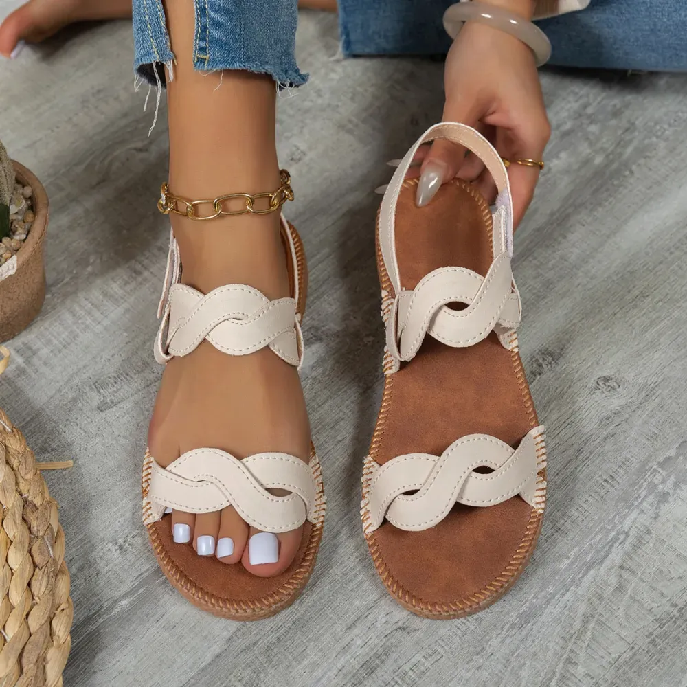 Beige Open Toe PU Leather Falt Sandals