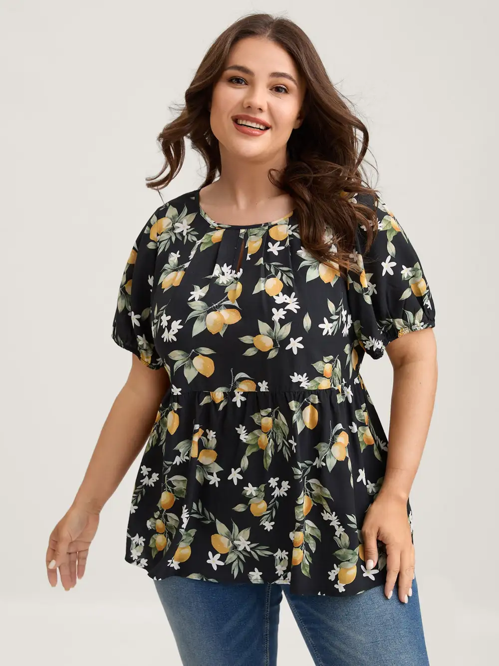 Citrus Print Bow Backless Blouse